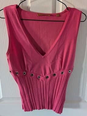 Vintage Pink V-Neck Sleeveless Knit Top with Eyelet Waist- Silk & Spandex